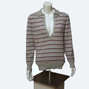 Sisley Striped Collared Wool Sweater deep v Gray Pink Size L